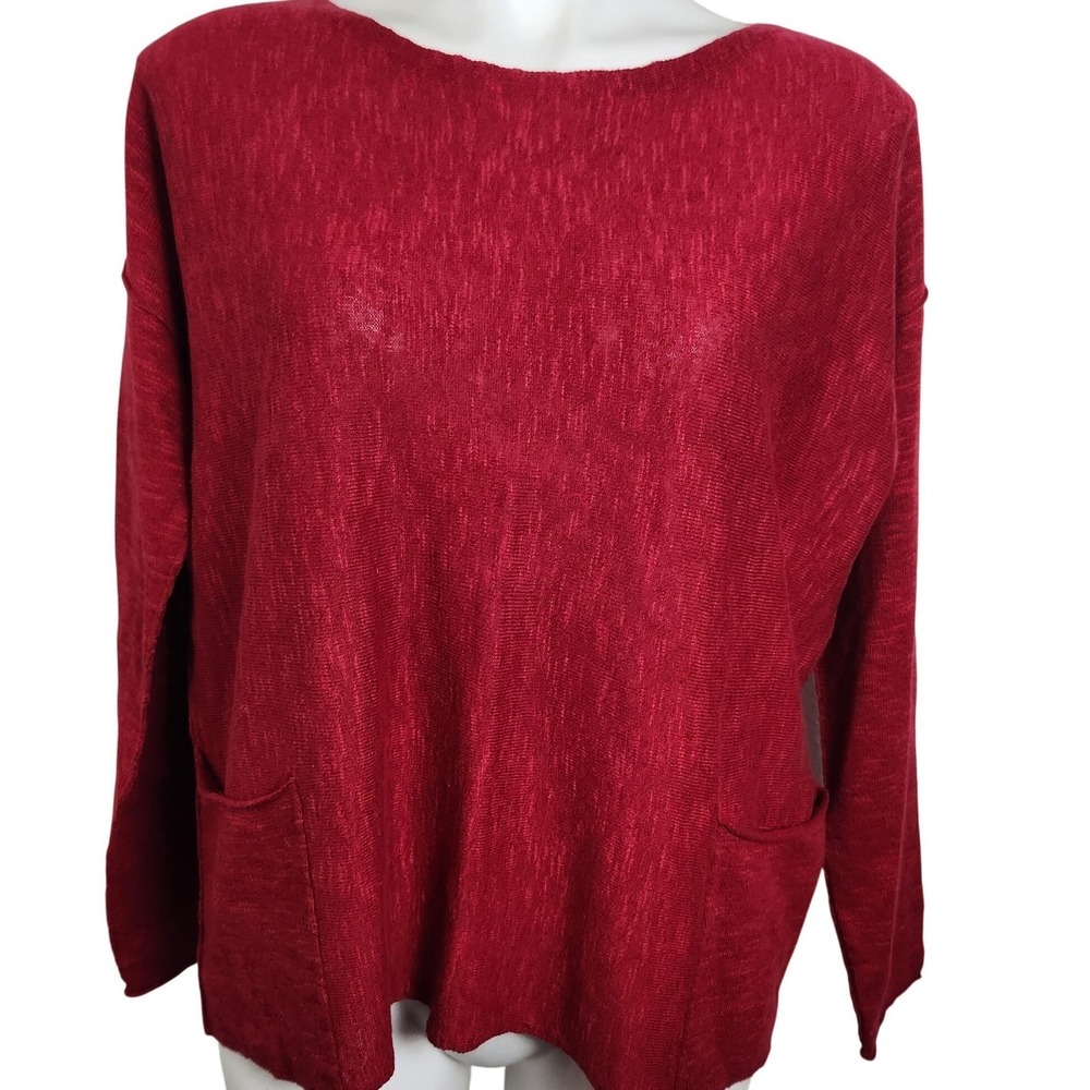 Eileen Fisher Organic Linen Cotton Knit Top Relaxed Boat Neck Pockets‎